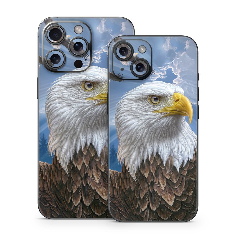 iPhone 15 Series Skin design of Bird, Bald eagle, Bird of prey, Vertebrate, Accipitriformes, Accipitridae, Eagle, Nature, Beak, Kite, with blue, brown, white, yellow colors