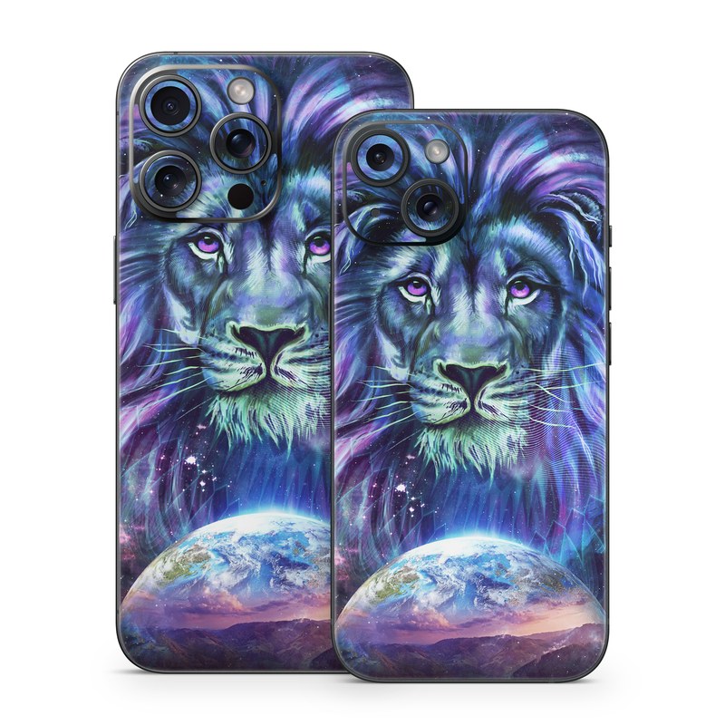 iPhone 15 Series Skin design of Lion, Felidae, Purple, Wildlife, Big cats, Illustration, Darkness, Space, Painting, Art, with purple, blue, green, black, white, red colors