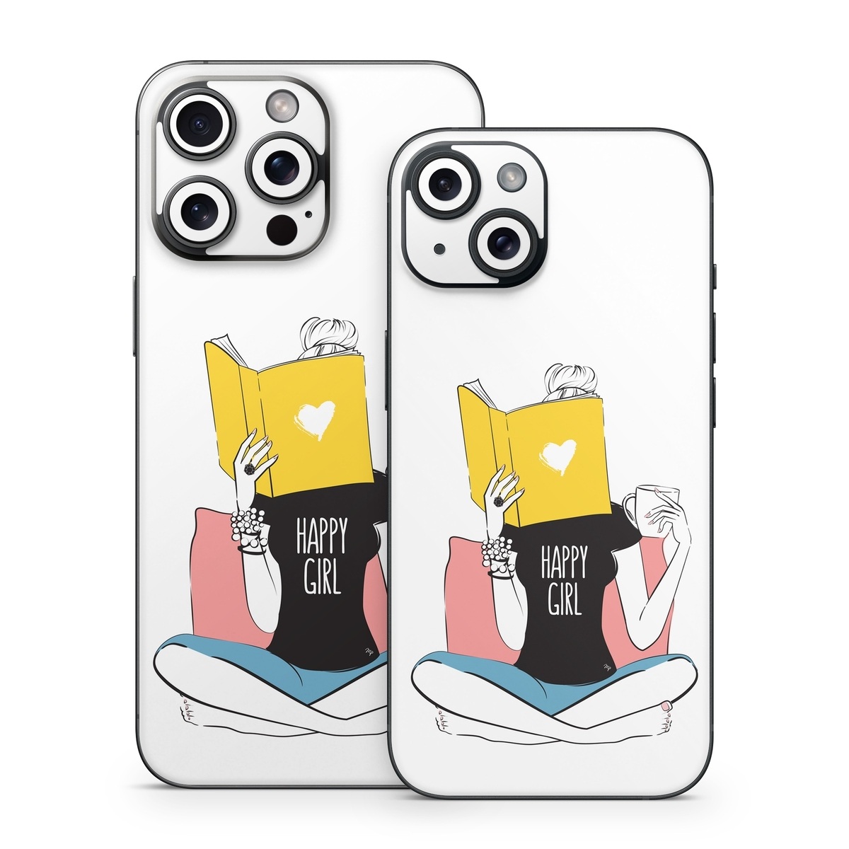 iPhone 15 Series Skin design of White, Sleeve, Gesture, Cartoon, Comfort, Elbow, Font, Graphics, Knee, Art, with white, black, blue, pink, yellow colors