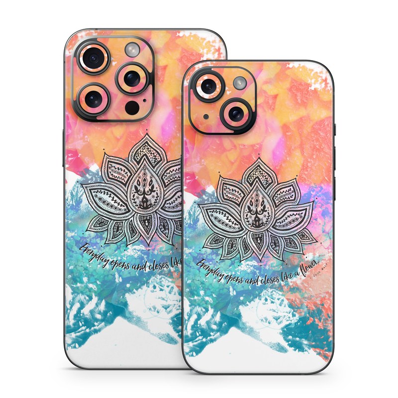 iPhone 15 Series Skin design of Pink, Leaf, Pattern, Design, Graphic design, Illustration, Symmetry, Visual arts, Art, Plant, with orange, yellow, red, blue, green, black colors