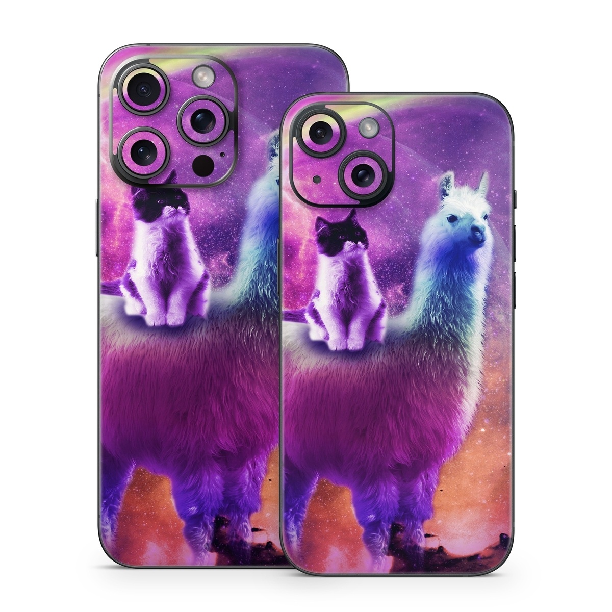 iPhone 15 Series Skin design of Llama, Purple, Camelid, Alpaca, Sky, Livestock, Space, with purple, white, blue, pink, yellow, black colors