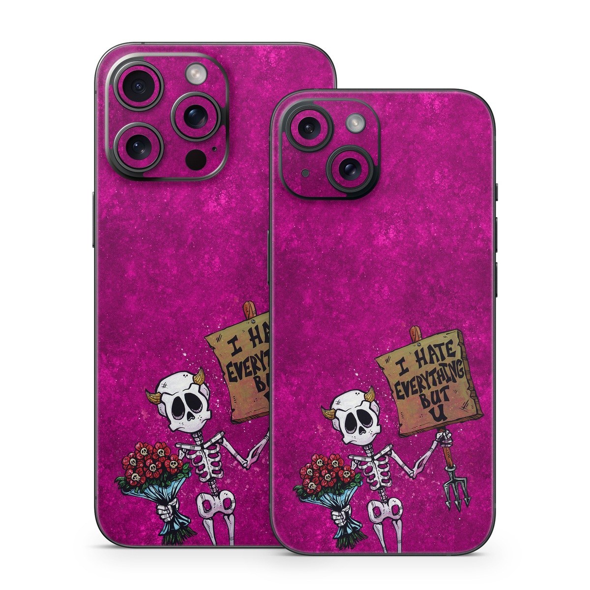 iPhone 15 Series Skin design of Purple, Pink, Violet, Magenta, Font, Tints and shades, Art, Electric blue, Skull, Rectangle, with white, gray, pink, red, green, brown, black colors
