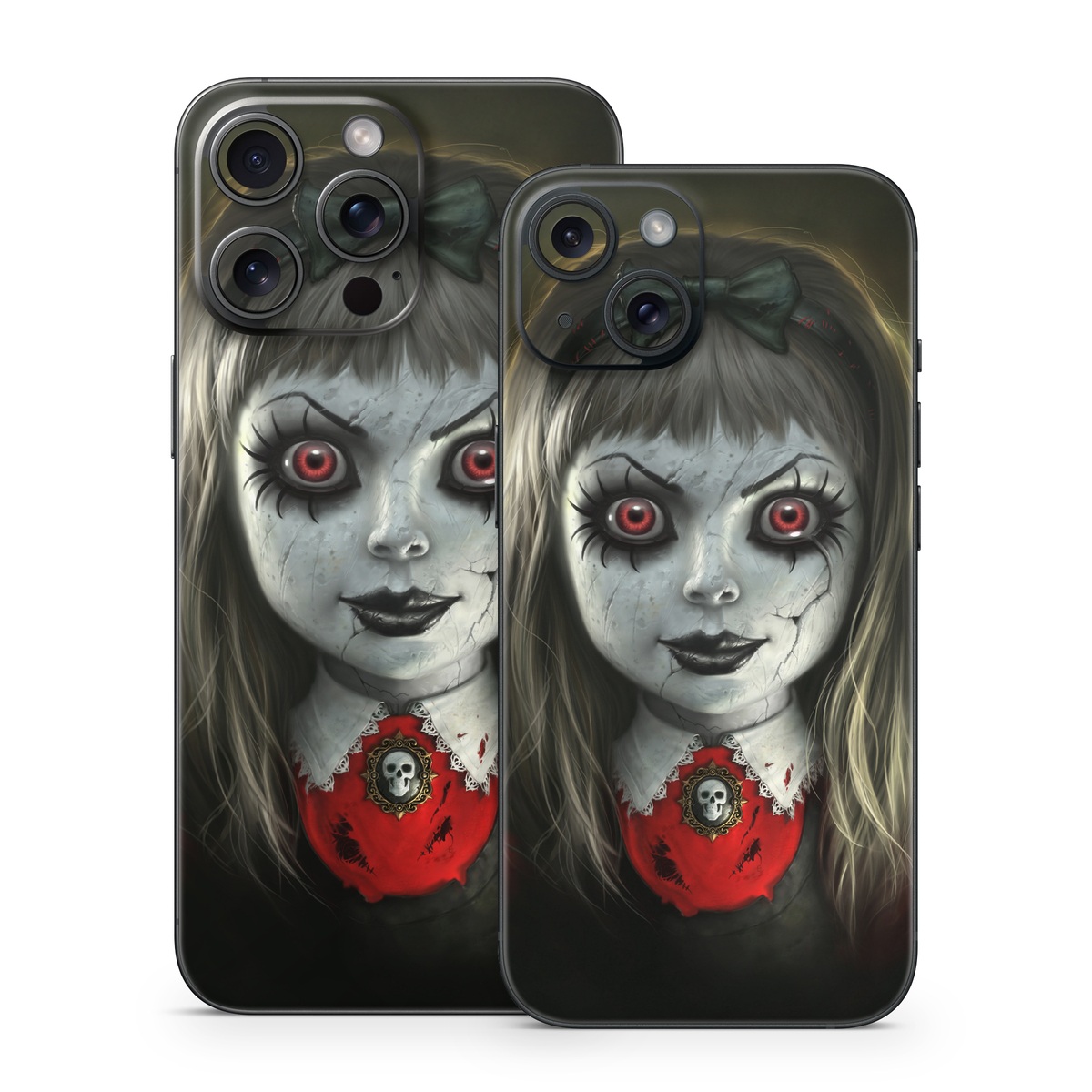 iPhone 15 Series Skin design of Fiction, Illustration, Fictional character, Ghost, Darkness, Vampire, Goth subculture, Zombie, Art, Skull, with white, red, black, yellow colors