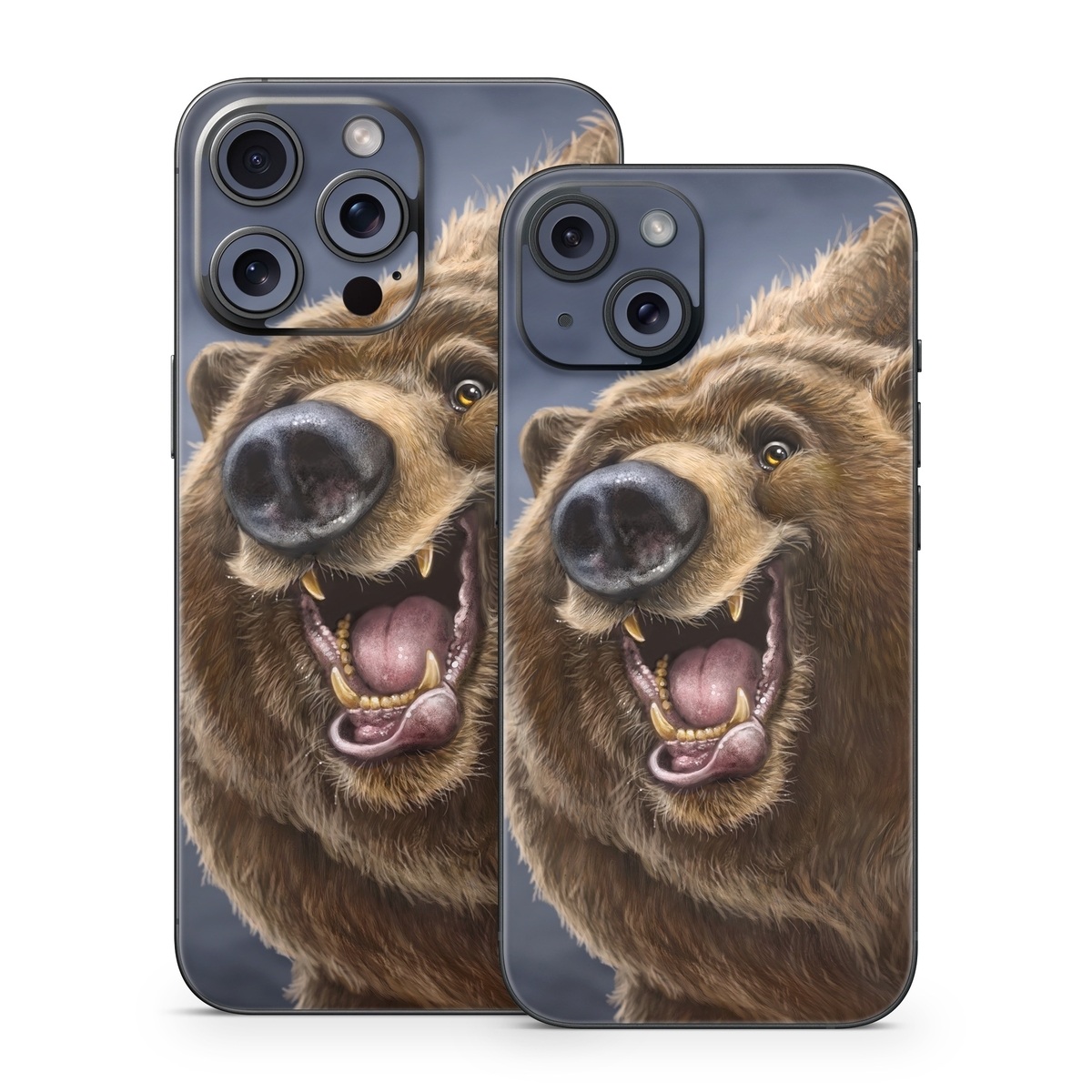 iPhone 15 Series Skin design of Brown bear, Kodiak bear, Carnivore, Grizzly bear, Terrestrial animal, Snout, Bear, Whiskers, Fur, Fang, with brown, black, white, pink, gray colors
