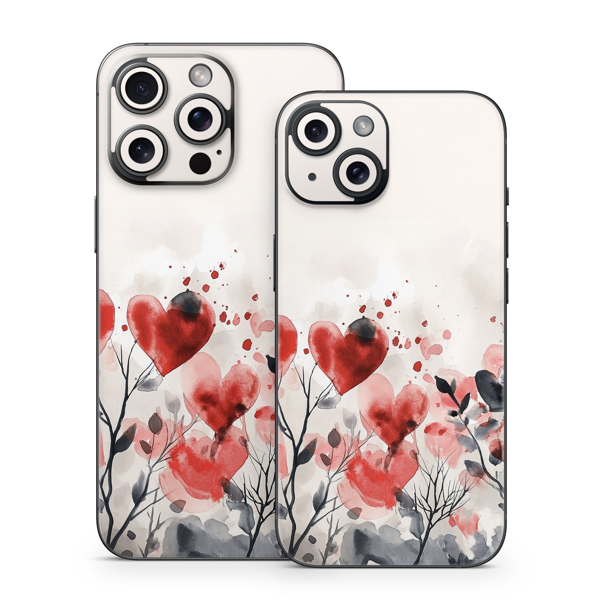 iPhone 15 Series Skin design of Flower, Plant, Petal, Sky, Natural landscape, Twig, Tree, Art, Painting, Flowering plant, with white, black, gray, red, pink colors
