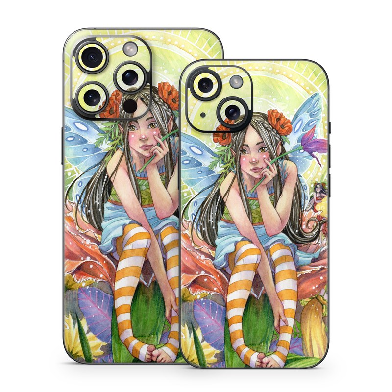iPhone 15 Series Skin design of Fictional character, Illustration, Art, Plant, Painting, Wildflower, Mythical creature, with gray, green, black, yellow, red colors