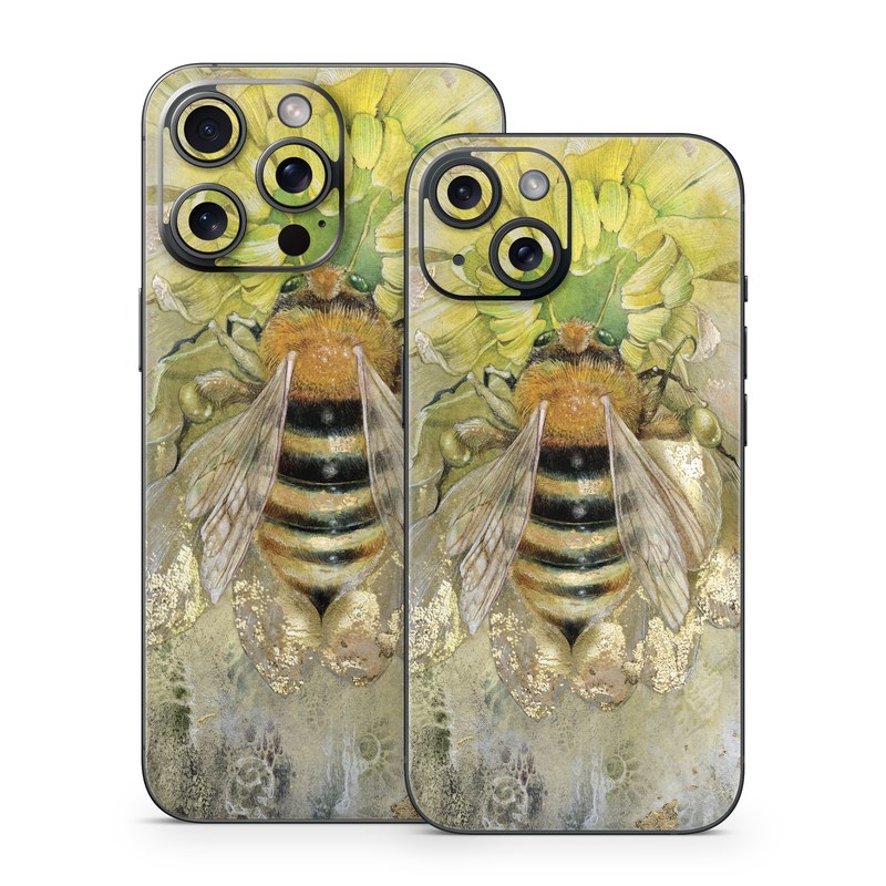 iPhone 15 Series Skin design of Honeybee, Insect, Bee, Membrane-winged insect, Invertebrate, Pest, Watercolor paint, Pollinator, Illustration, Organism, with yellow, orange, black, green, gray, pink colors
