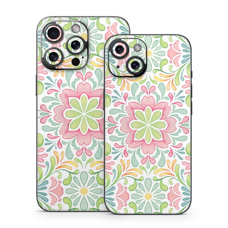 iPhone 15 Series Skin design of Pattern, Pink, Visual arts, Design, Textile, Wrapping paper, Symmetry, Floral design, Motif, with gray, white, pink, green colors