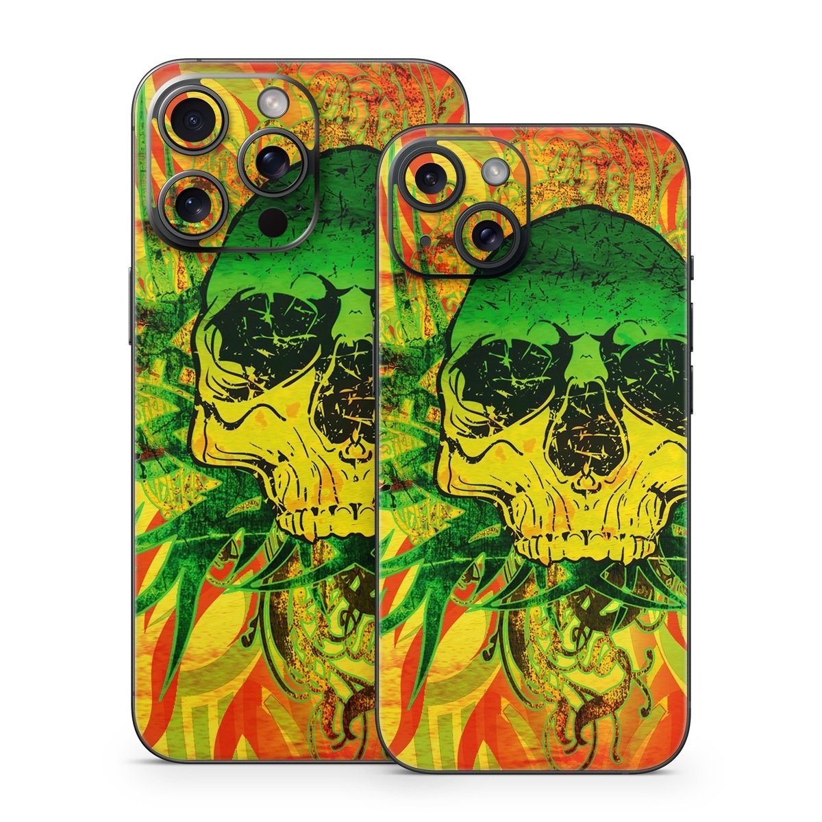 iPhone 15 Series Skin design of Psychedelic art, Skull, Illustration, Bone, Art, Graphic design, Visual arts, Poster, Plant, Painting, with green, orange, black, red colors