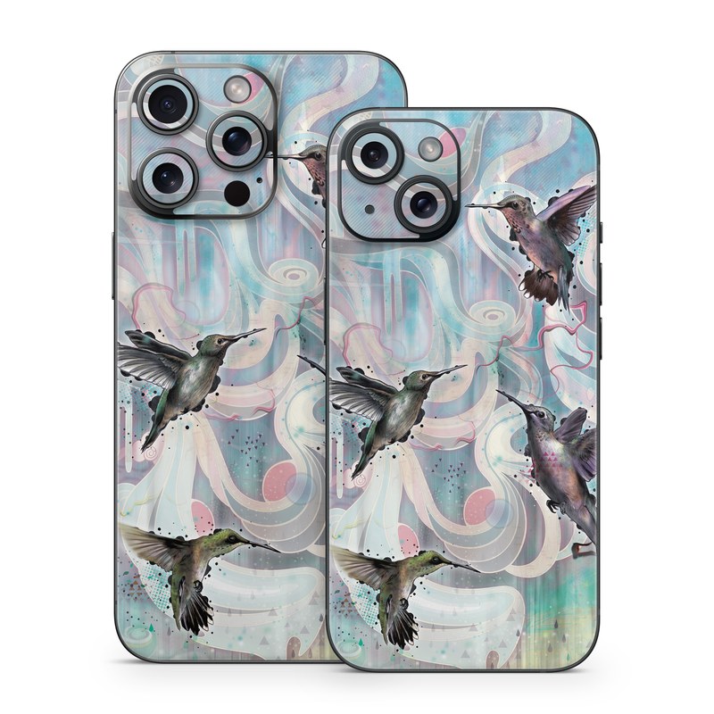 iPhone 15 Series Skin design of Bird, Watercolor paint, Illustration, Hummingbird, Painting, Art, Wing, Fictional character, Acrylic paint, Perching bird, with gray, blue, black colors