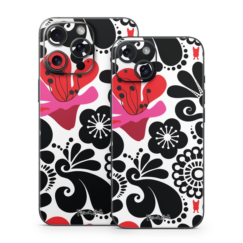 iPhone 15 Series Skin design of White, Product, Green, Botany, Petal, Textile, Pink, Creative arts, Line, Magenta, with black, white, pink, red colors