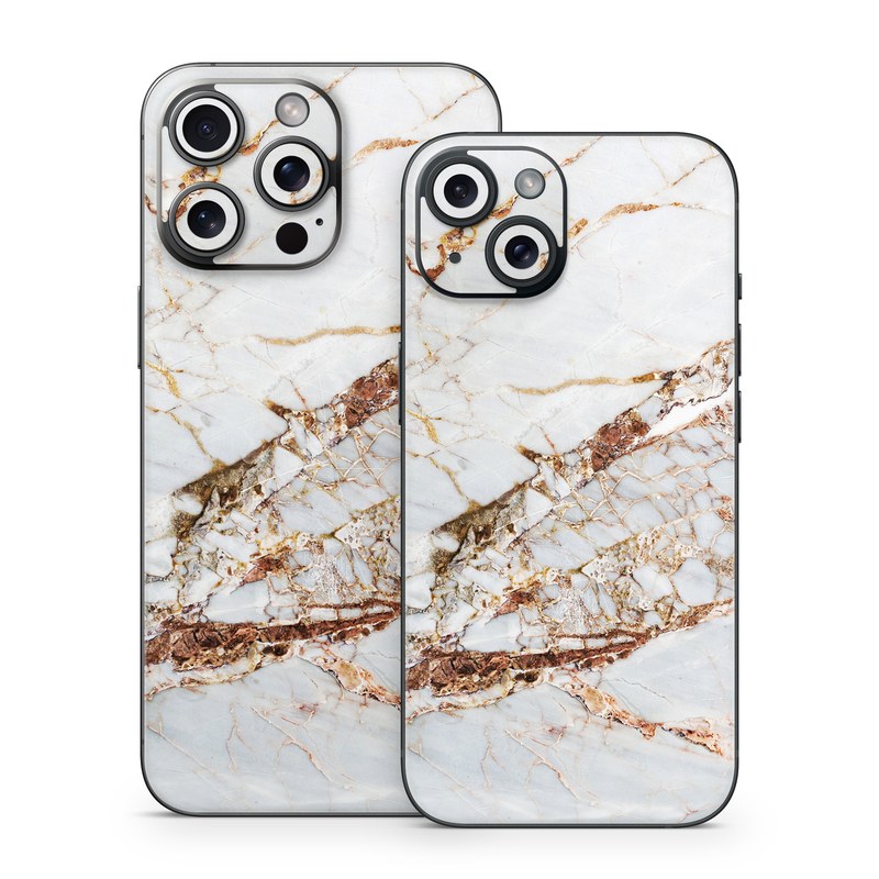 iPhone 15 Series Skin design of White, Branch, Twig, Beige, Marble, Plant, Tile, with white, gray, yellow colors
