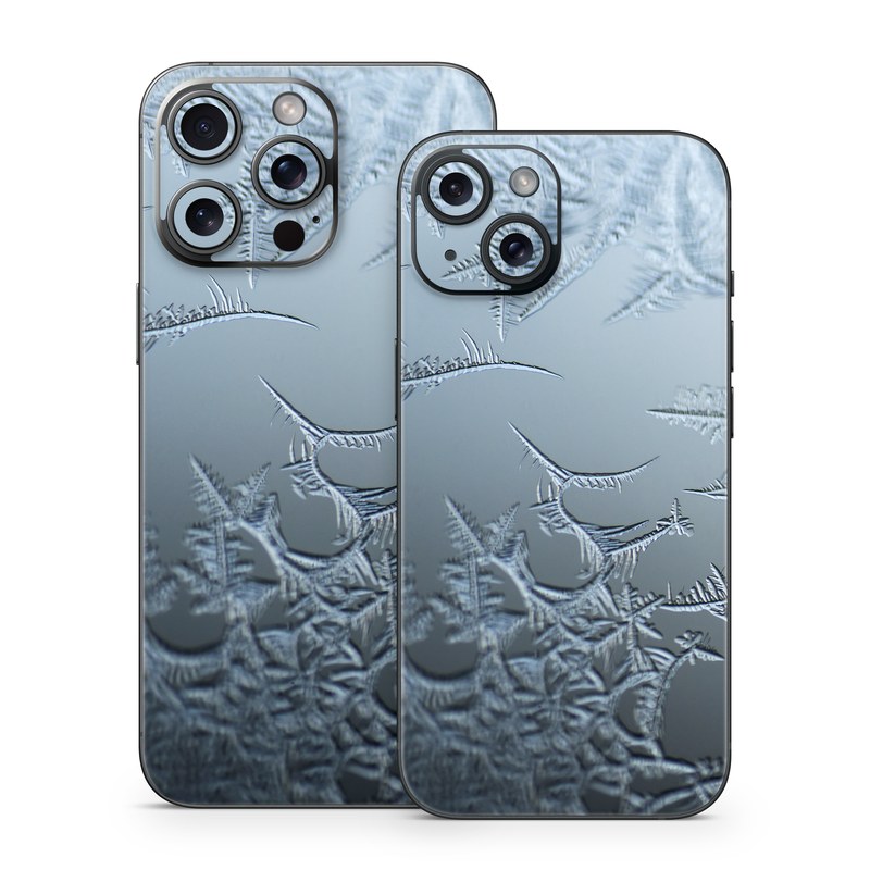 iPhone 15 Series Skin design of Water, Frost, Freezing, Winter, Pattern, Ice, Sky, Atmosphere, Design, Reflection, with blue, gray, white, black colors