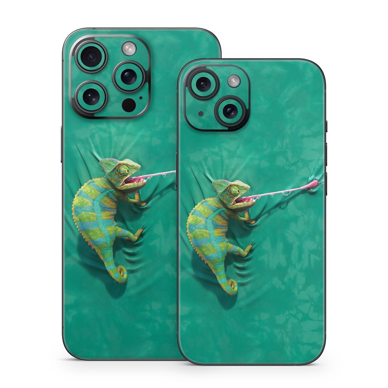 iPhone 15 Series Skin design of Green, Fish, Tail, Chameleon, with blue, black, green, gray colors