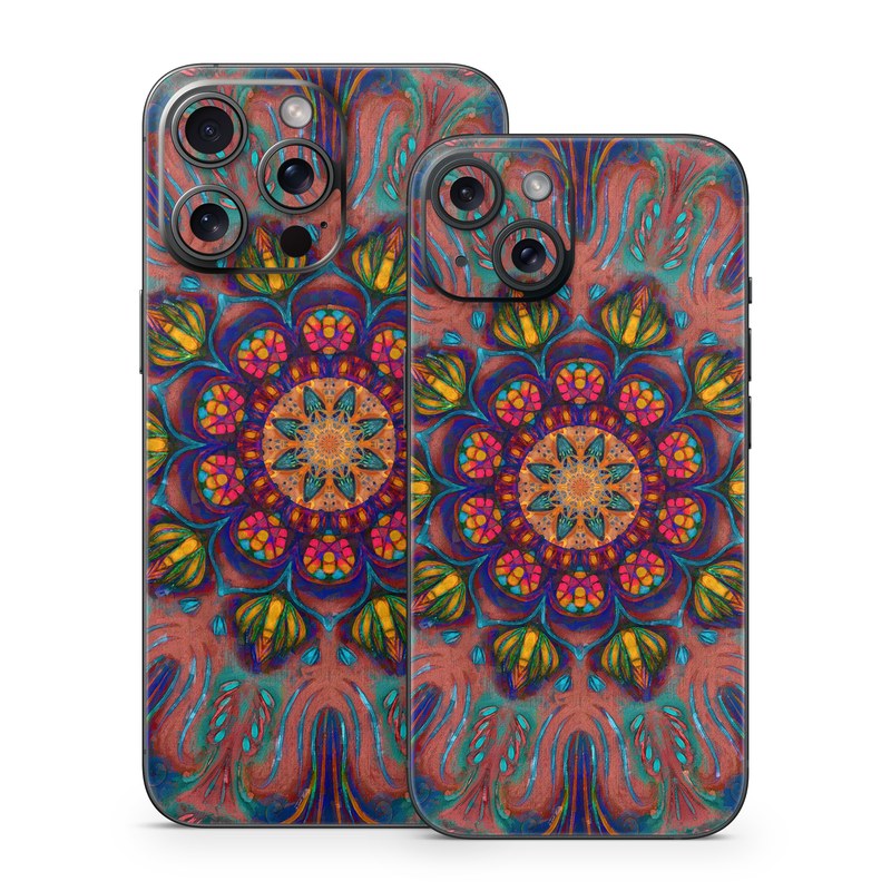iPhone 15 Series Skin design of Psychedelic art, Pattern, Art, Textile, Symmetry, Visual arts, Design, Fractal art, Kaleidoscope, Tapestry, with blue, yellow, red, green, pink, green colors