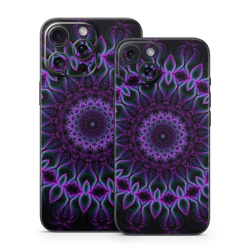 iPhone 15 Series Skin design of Colorfulness, Pattern, Purple, Violet, Magenta, Red, Pink, Art, Fractal Art, Visual Arts, Design, Circle, Symmetry, Psychedelic Art, Motif, Kaleidoscope, Graphics, with black, purple, blue, white colors