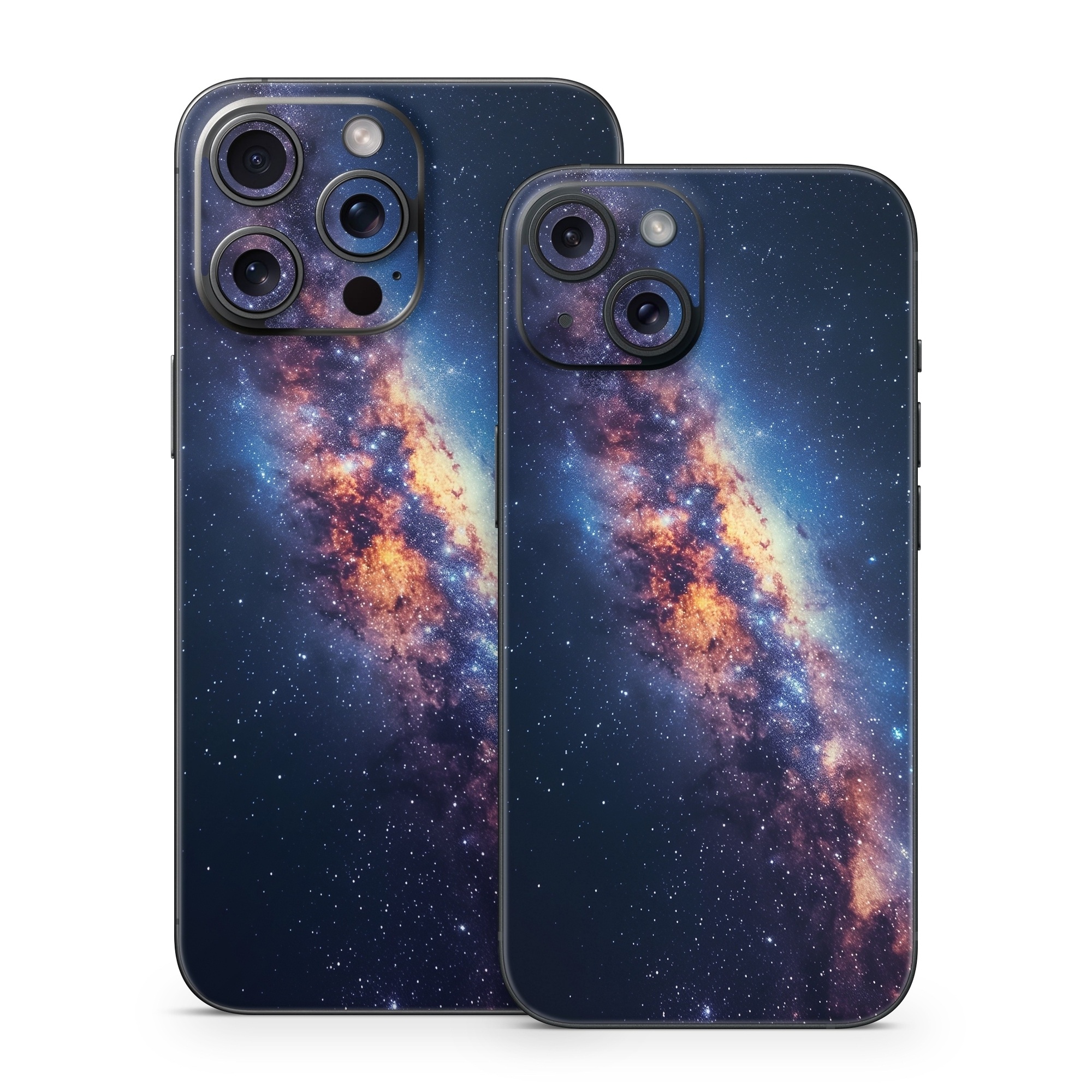 iPhone 15 Series Skin design of Atmosphere, Sky, Nature, World, Nebula, Galaxy, Astronomical object, Atmospheric phenomenon, Milky way, Star, with black, blue, white, yellow, orange, red, purple, gray colors