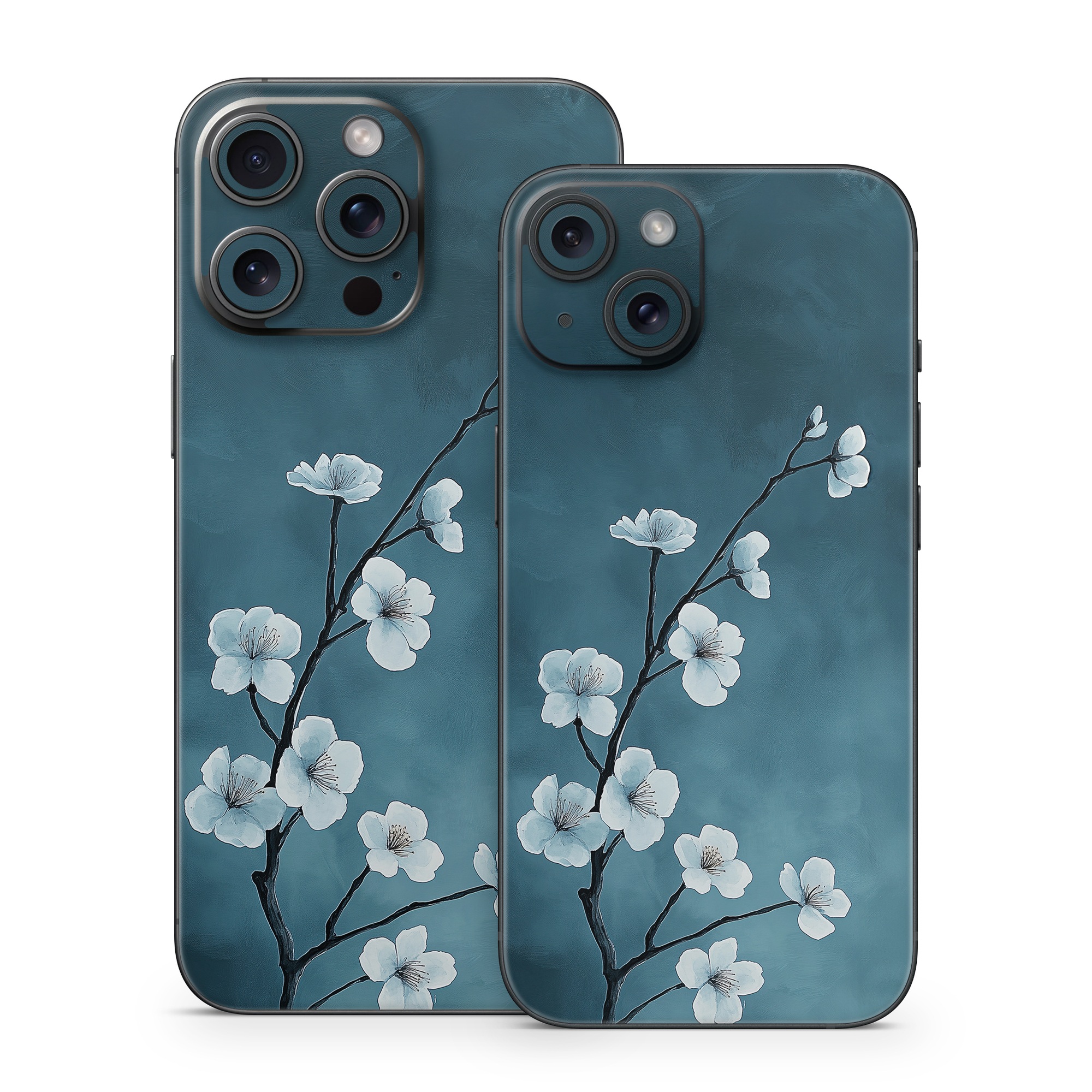 iPhone 15 Series Skin design of Flower, Nature, Petal, Branch, Twig, Sky, Flowering plant, Cloud, Blossom, Tree, with black, blue, white, gray colors