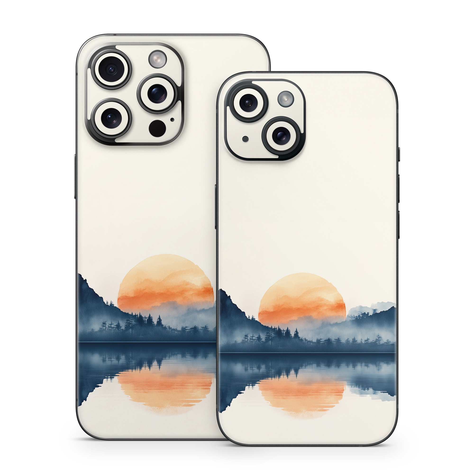 iPhone 15 Series Skin design of Water, Water resources, Sky, Mountain, Natural landscape, Lake, Atmospheric phenomenon, Landscape, Horizon, Afterglow, with black, blue, white, gray, yellow, orange, red colors