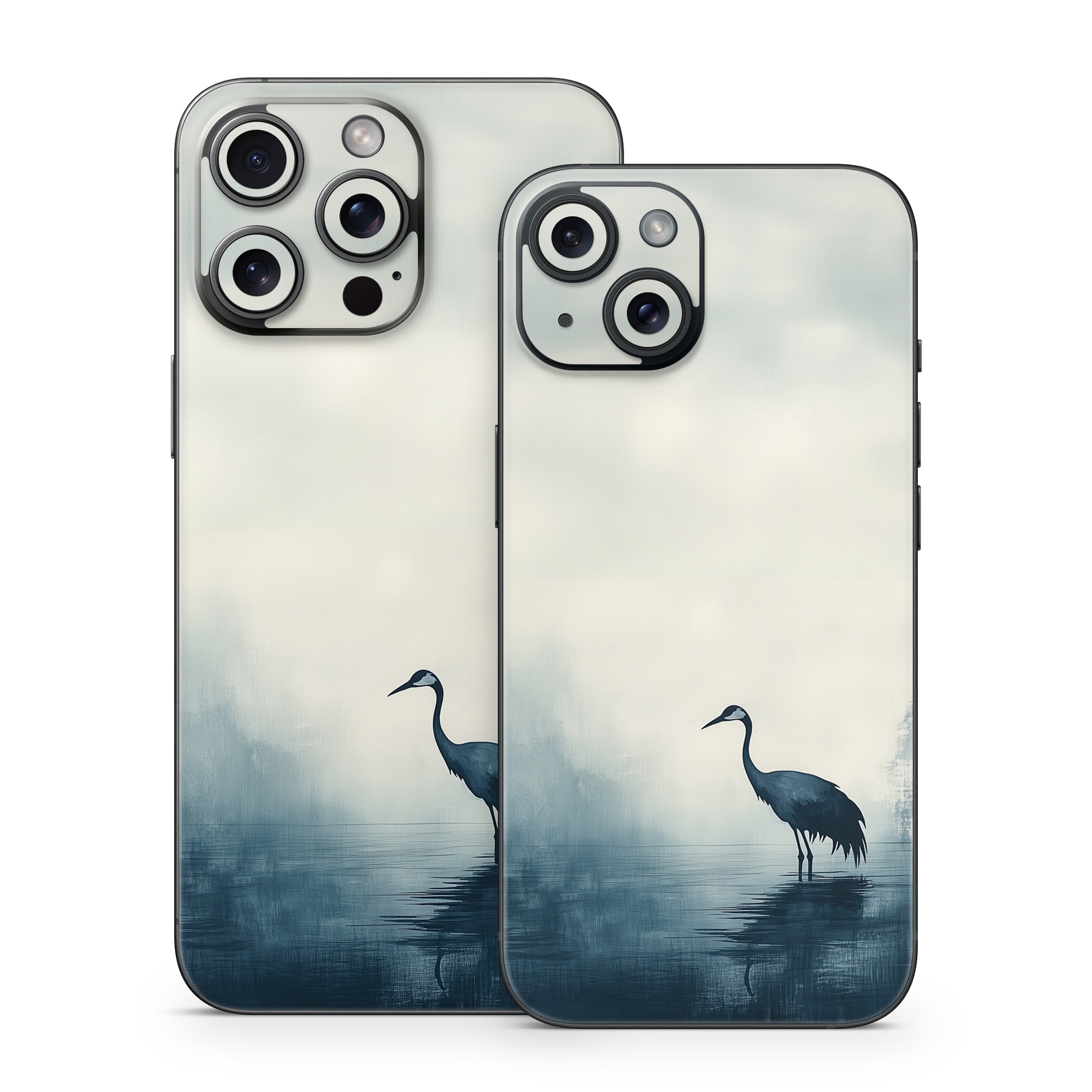 iPhone 15 Series Skin design of Bird, Water, Beak, Feather, Natural landscape, Pelecaniformes, Sky, Wing, Water bird, Heron, with black, blue, white, gray colors