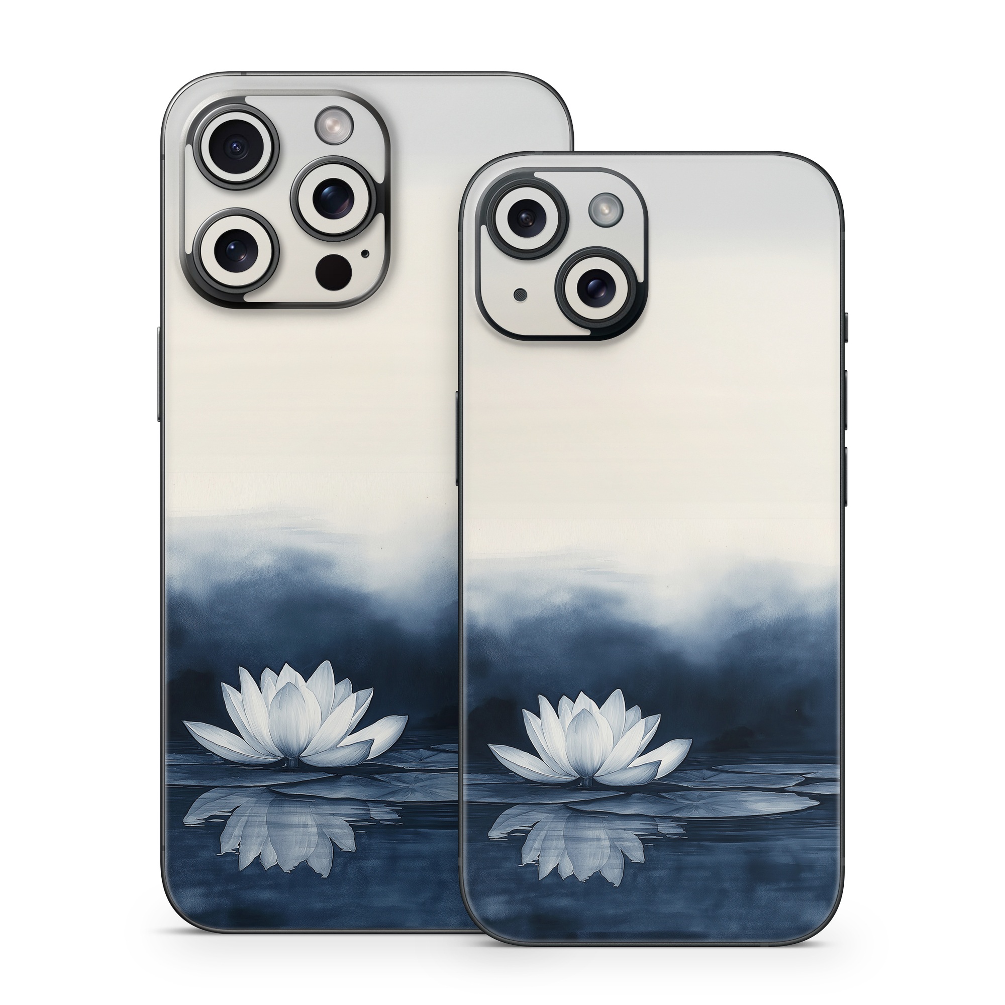 iPhone 15 Series Skin design of Water, Flower, Plant, Liquid, Lotus, Sky, Nature, Petal, Fluid, Sacred lotus, with black, blue, white, gray colors