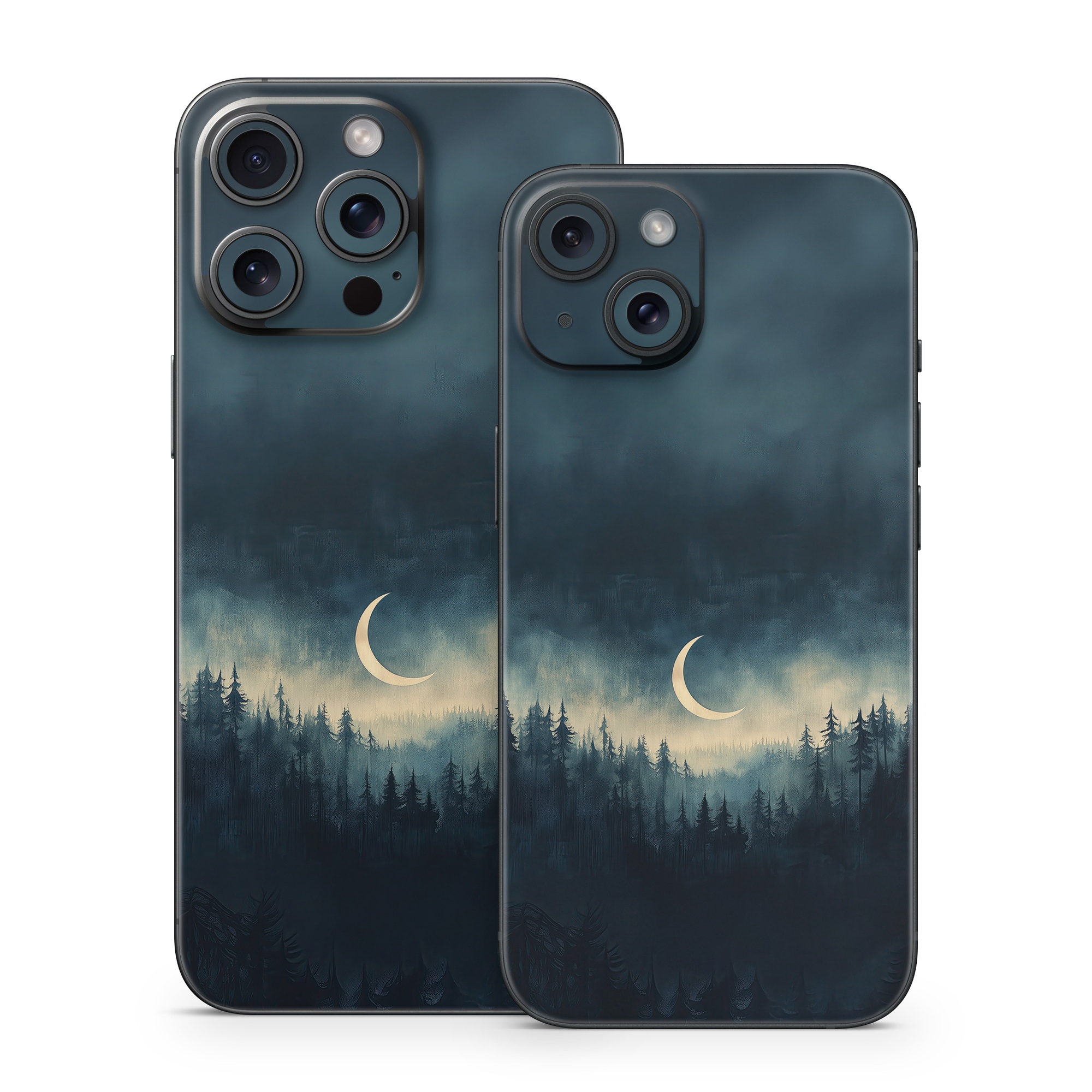 iPhone 15 Series Skin design of Cloud, Sky, Atmosphere, Moon, Ecoregion, Crescent, Natural landscape, Tree, Plant, Dusk, with black, blue, white, gray colors