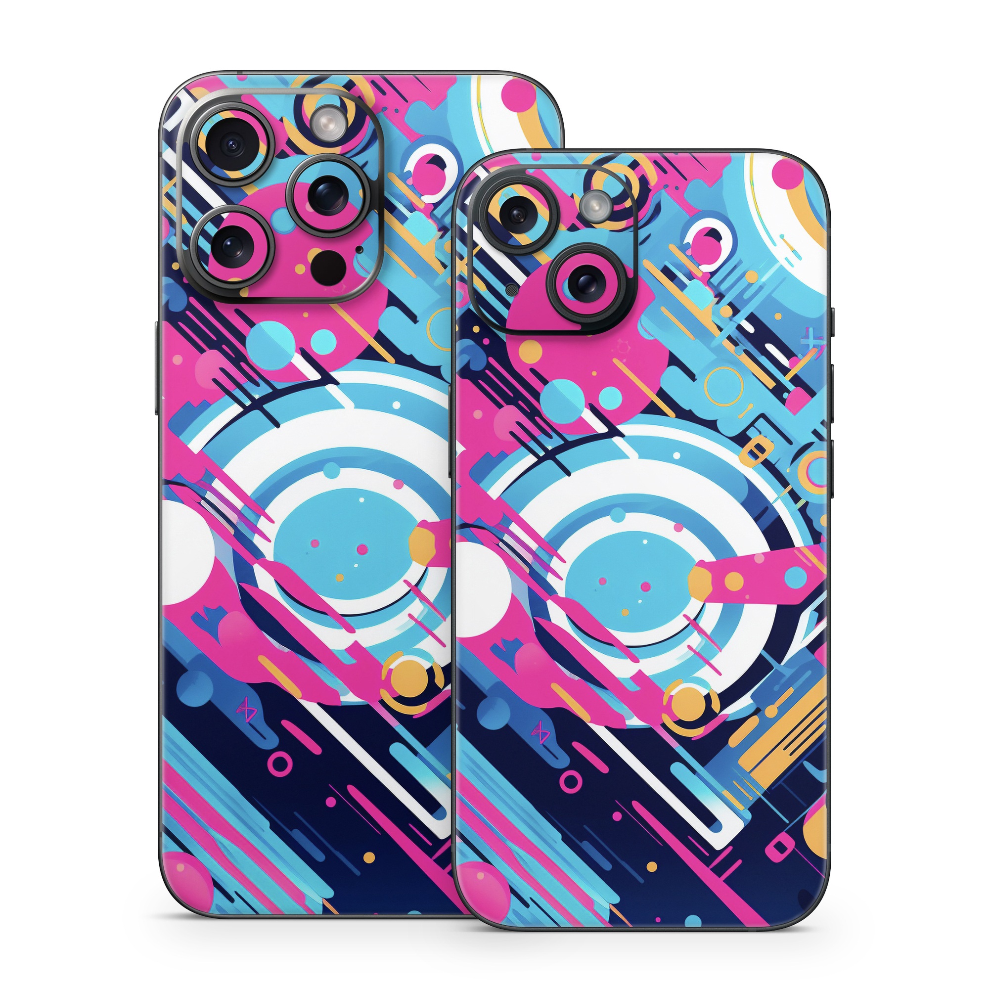 iPhone 15 Series Skin design of Colorfulness, Font, Line, Material property, Art, Magenta, Pattern, Electric blue, Circle, Graphics, with blue, pink, black, white, orange colors