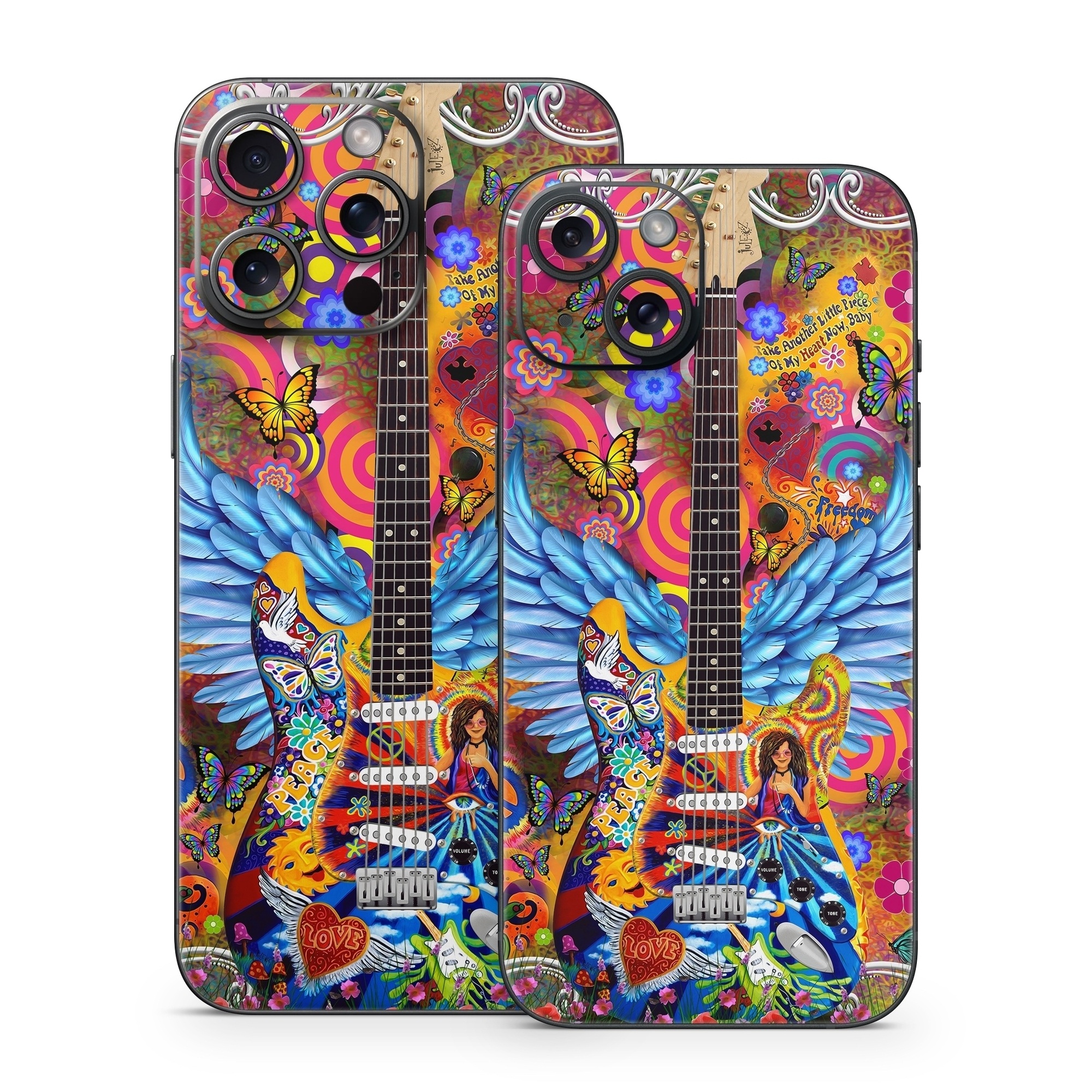 iPhone 15 Series Skin design of Musical instrument, Guitar, Guitar accessory, Textile, Organism, String instrument, Plucked string instruments, String instrument accessory, Art, Font, with red, yellow, orange, pink, black, white, blue, brown, green colors