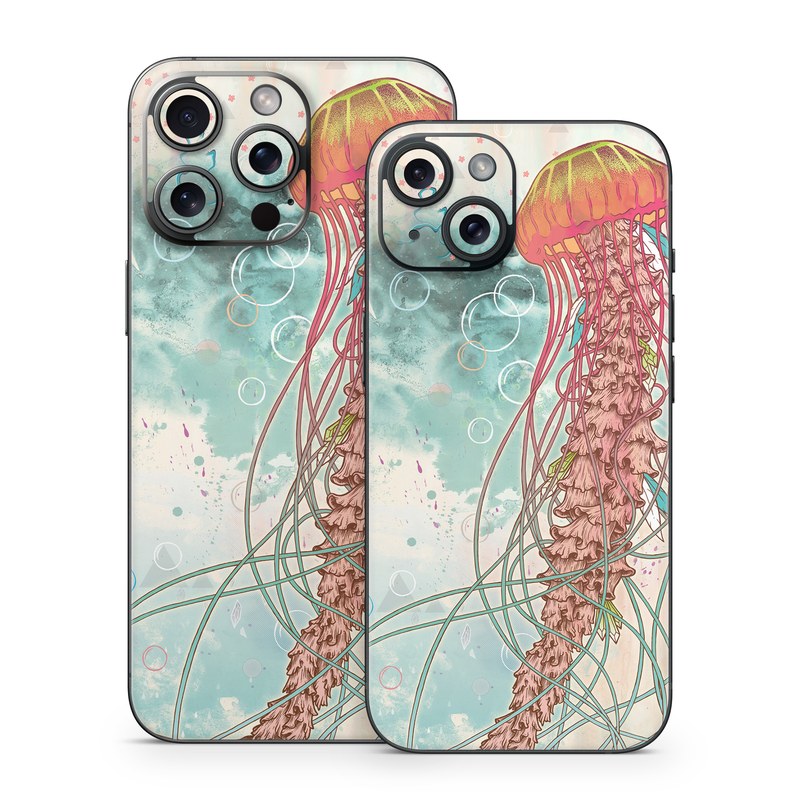 iPhone 15 Series Skin design of Jellyfish, Illustration, Water, Cnidaria, Marine invertebrates, Organism, Portuguese man o' war, Art, Nepenthes, Invertebrate, with gray, pink, yellow, red, green colors