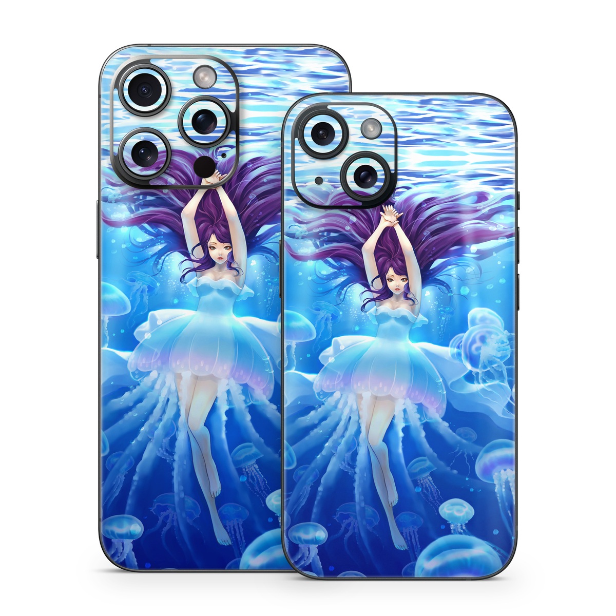 iPhone 15 Series Skin design of Jellyfish, Cnidaria, Organism, Marine biology, Marine invertebrates, Water, Bioluminescence, Illustration, Electric blue, Fictional character, with blue, purple, gray colors