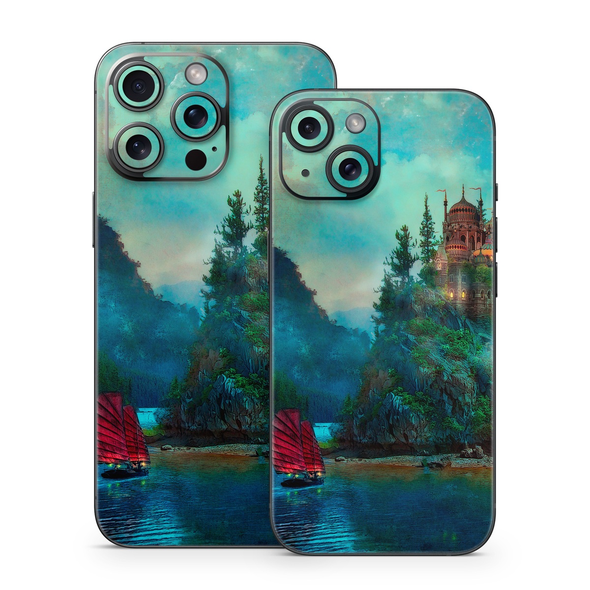 iPhone 15 Series Skin design of Nature, Natural landscape, Sky, Painting, Landscape, Illustration, Watercolor paint, Art, Calm, Water castle, with black, gray, blue, green colors