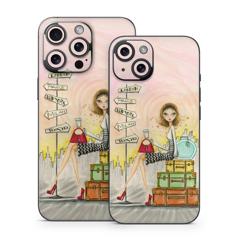 iPhone 15 Series Skin design of Cartoon, Illustration, Art, Watercolor paint, with gray, pink, green, red, black colors