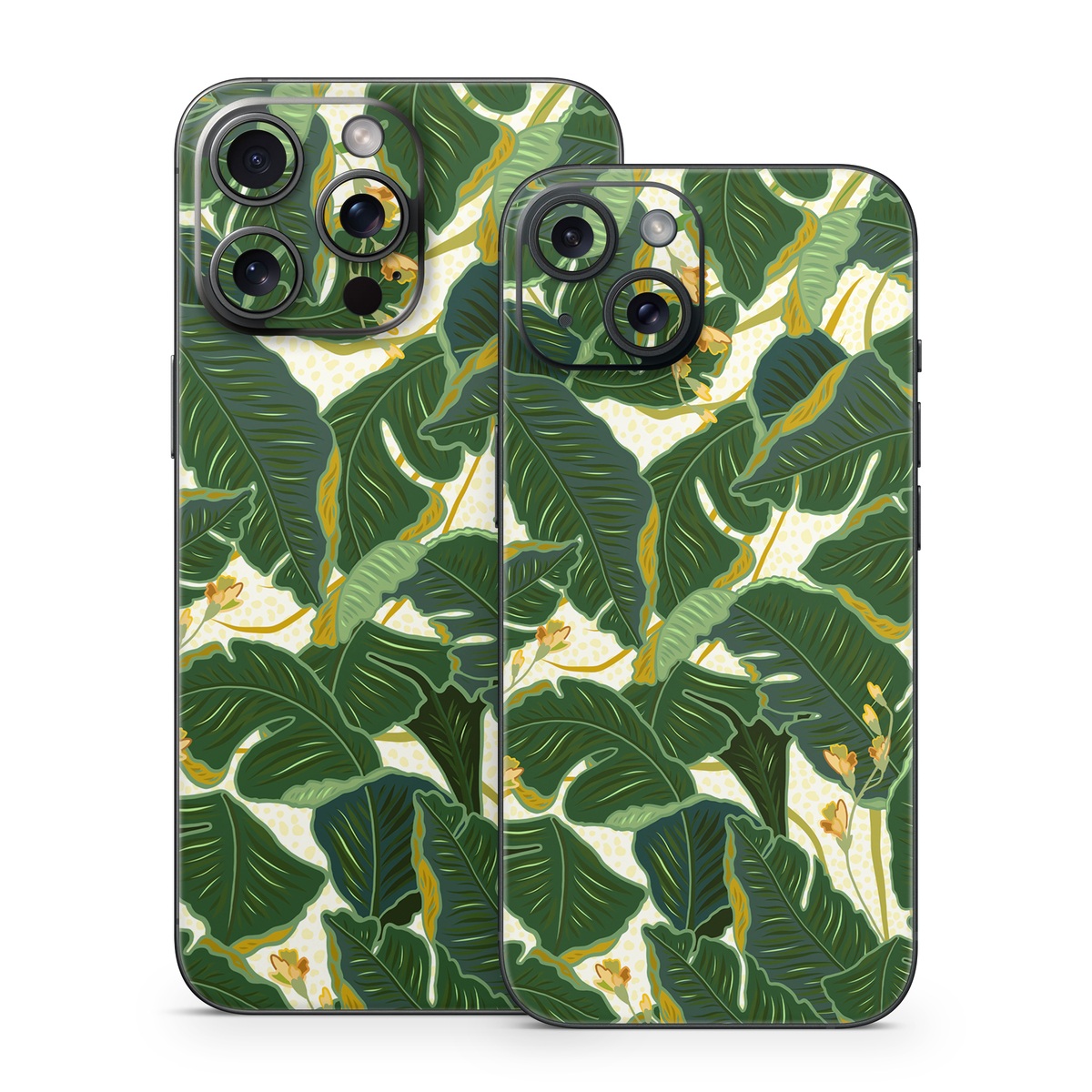 iPhone 15 Series Skin design of Leaf, Plant, Flower, Pattern, Botany, Tree, Design, Flowering plant, Arrowroot family, Terrestrial plant, with green, yellow colors