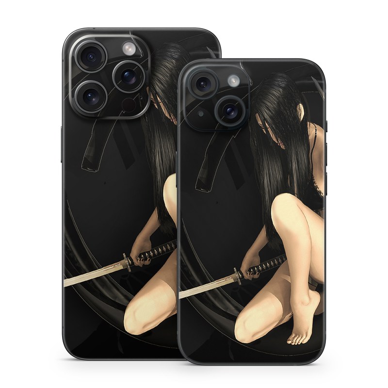 iPhone 15 Series Skin design of Black, Photography, Leg, Black hair, Cg artwork, Darkness, Fetish model, Sitting, Flash photography, with black, yellow, gray, white colors
