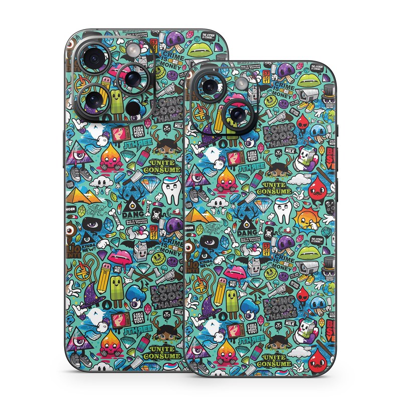 iPhone 15 Series Skin design of Cartoon, Art, Pattern, Design, Illustration, Visual arts, Doodle, Psychedelic art, with black, blue, gray, red, green colors