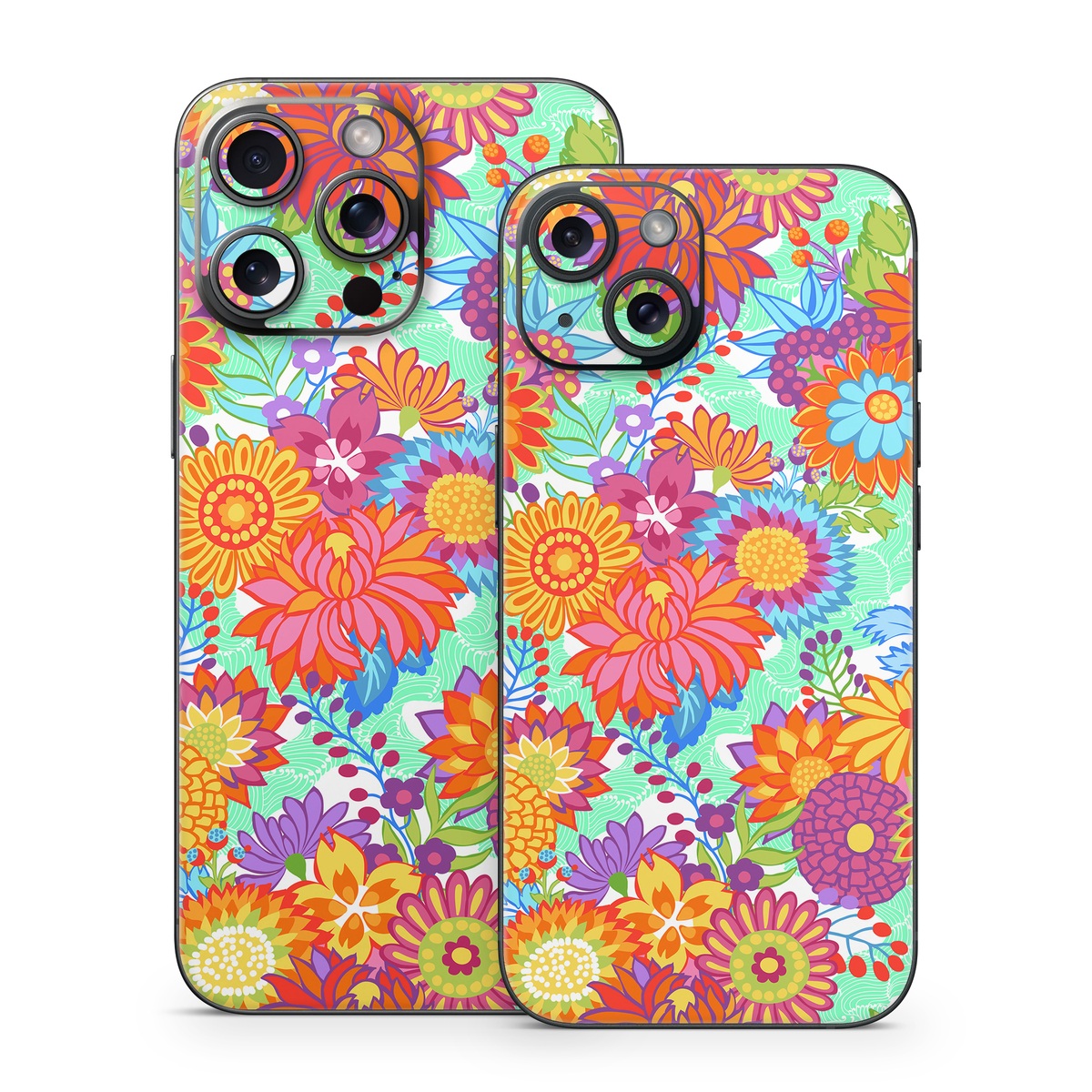 iPhone 15 Series Skin design of Pattern, Floral design, Orange, Flower, Design, Textile, Plant, Wildflower, Wrapping paper, Visual arts, with gray, orange, green, purple colors