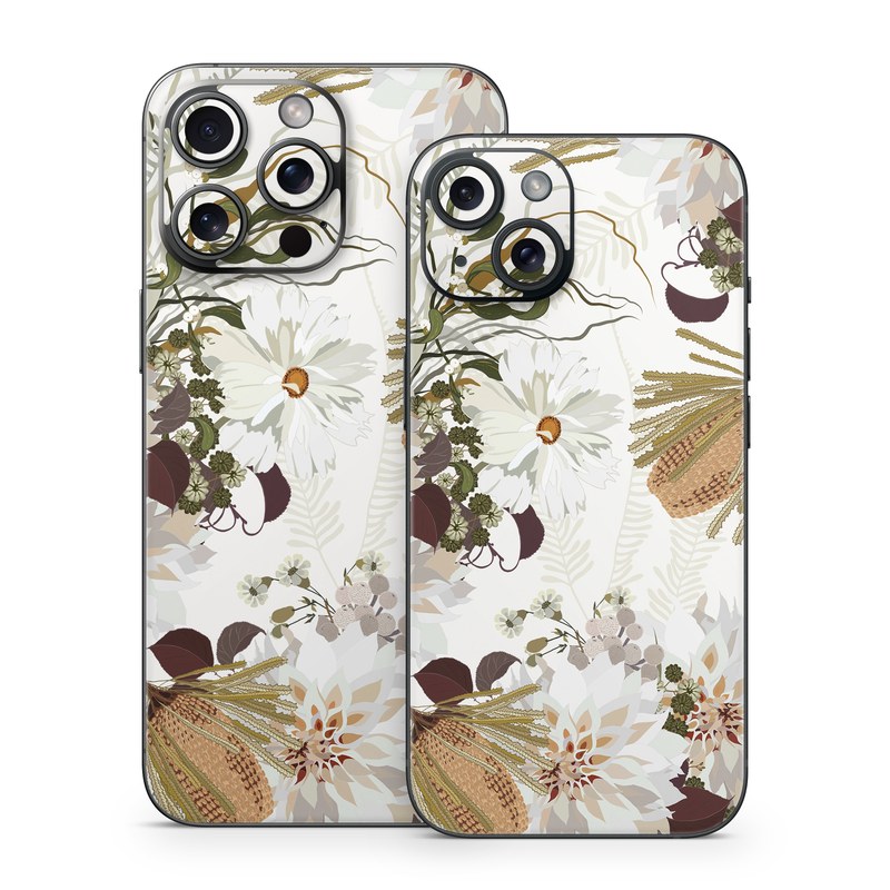 iPhone 15 Series Skin design of Flower, Botany, Plant, Floral design, Wildflower, Pattern, Wallpaper, Textile, Petal, Butterfly, with white, brown, green, gray colors