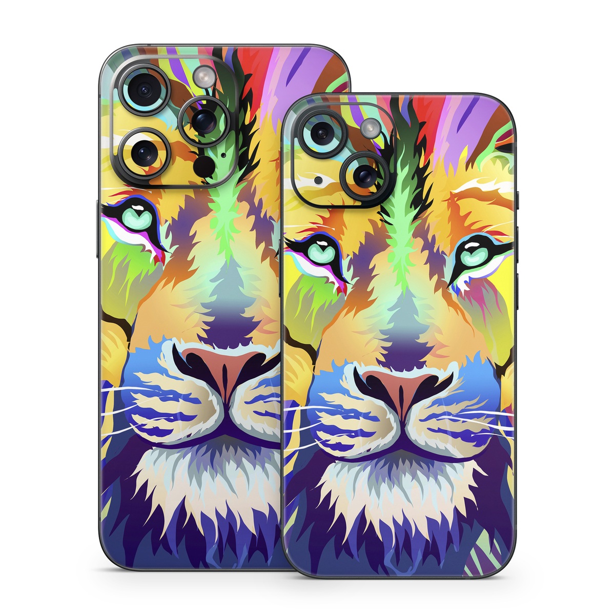 iPhone 15 Series Skin design of Bengal tiger, Felidae, Lion, Wildlife, Big cats, Tiger, Carnivore, Art, Illustration, Painting, with orange, yellow, green, red, pink, blue, purple colors