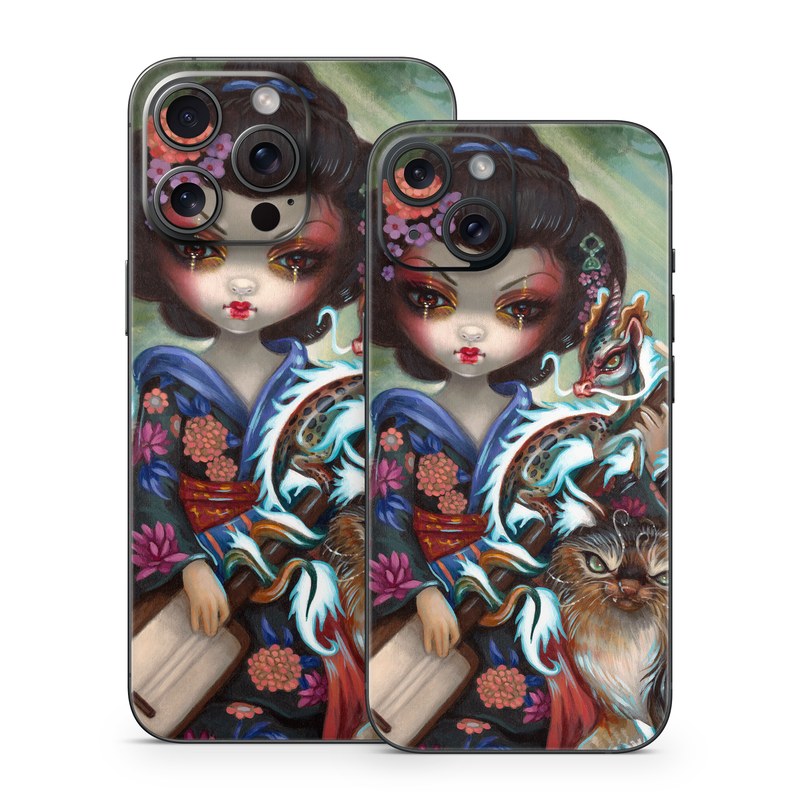 iPhone 15 Series Skin design of Cat, Felidae, Whiskers, Illustration, Art, Small to medium-sized cats, Doll, Kitten, Norwegian forest cat, Fawn, with black, white, red, brown, blue, green, pink, purple colors