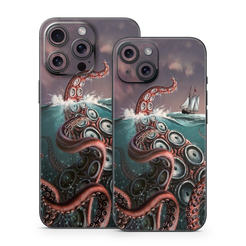 iPhone 15 Series Skin design of Octopus, Water, Illustration, Wind wave, Sky, Graphic design, Organism, Cephalopod, Cg artwork, giant pacific octopus, with blue, gray, white, brown, red colors