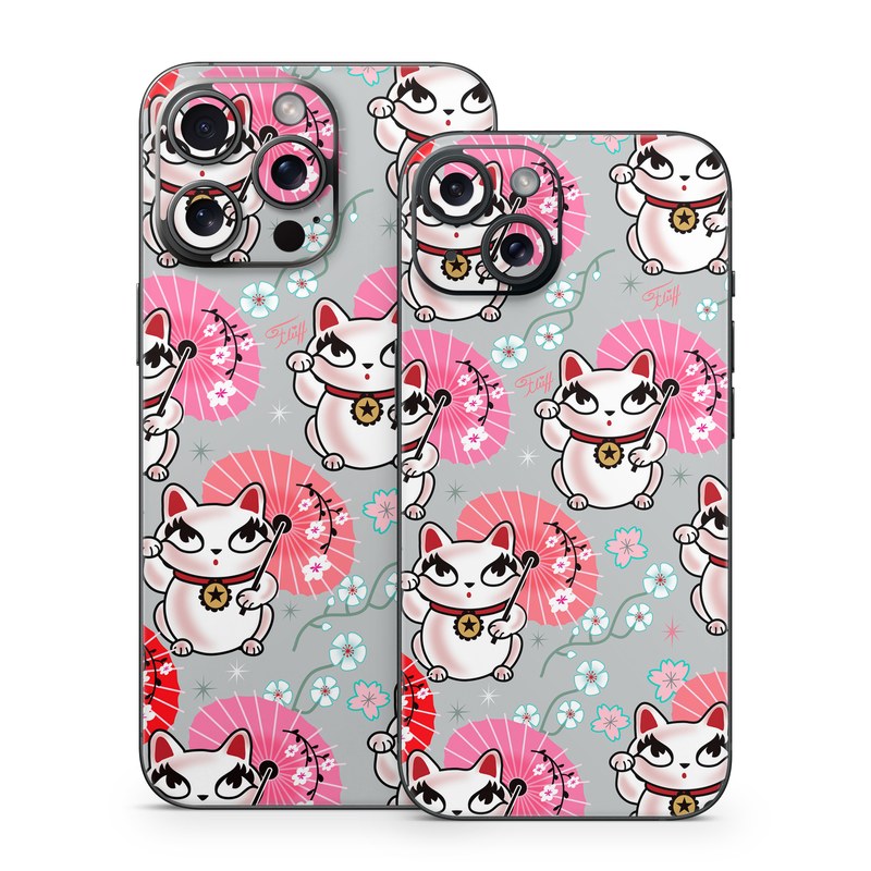 iPhone 15 Series Skin design of Pink, Red, Cartoon, Design, Line, Textile, Pattern, Illustration, Smile, Fictional character, with white, red, pink, gray, blue, black colors
