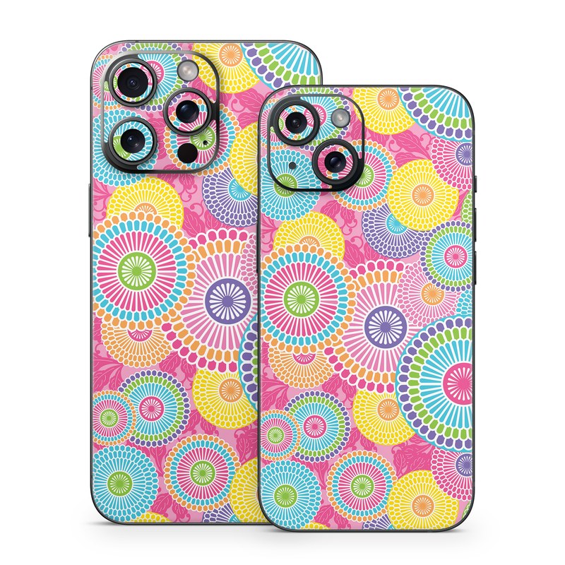 iPhone 15 Series Skin design of Pattern, Circle, Textile, Design, Visual arts, Wrapping paper, with gray, pink, purple, orange, blue, green colors