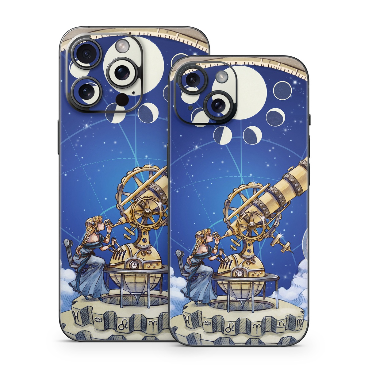 iPhone 15 Series Skin design of Circle, World, Space, Vehicle, Satellite, Illustration, with white, blue, yellow, pink, gray colors