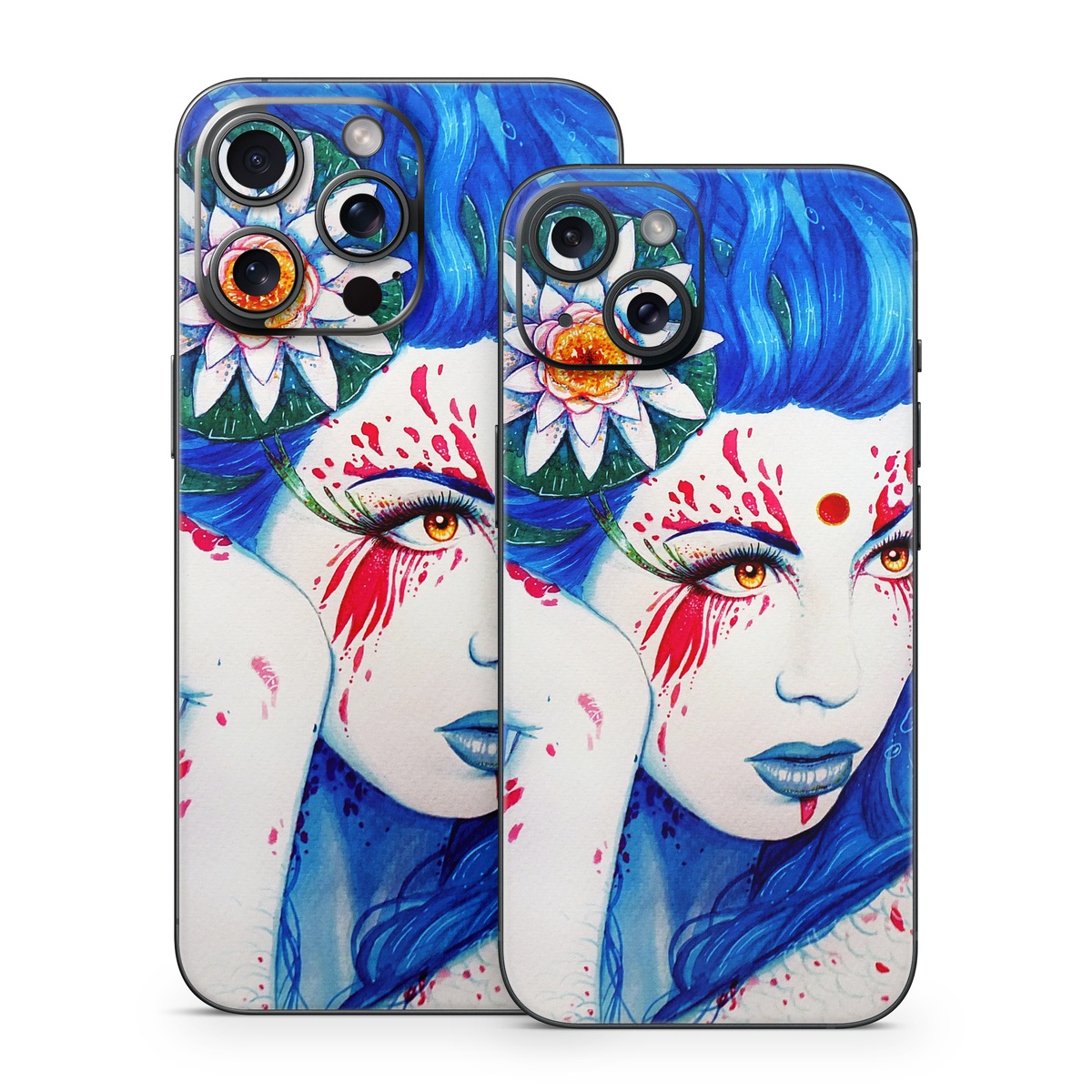 iPhone 15 Series Skin design of Hairstyle, Paint, Art paint, Blue, Painting, Eyelash, Art, Artist, Electric blue, Illustration, with white, blue, red, yellow, green, orange colors