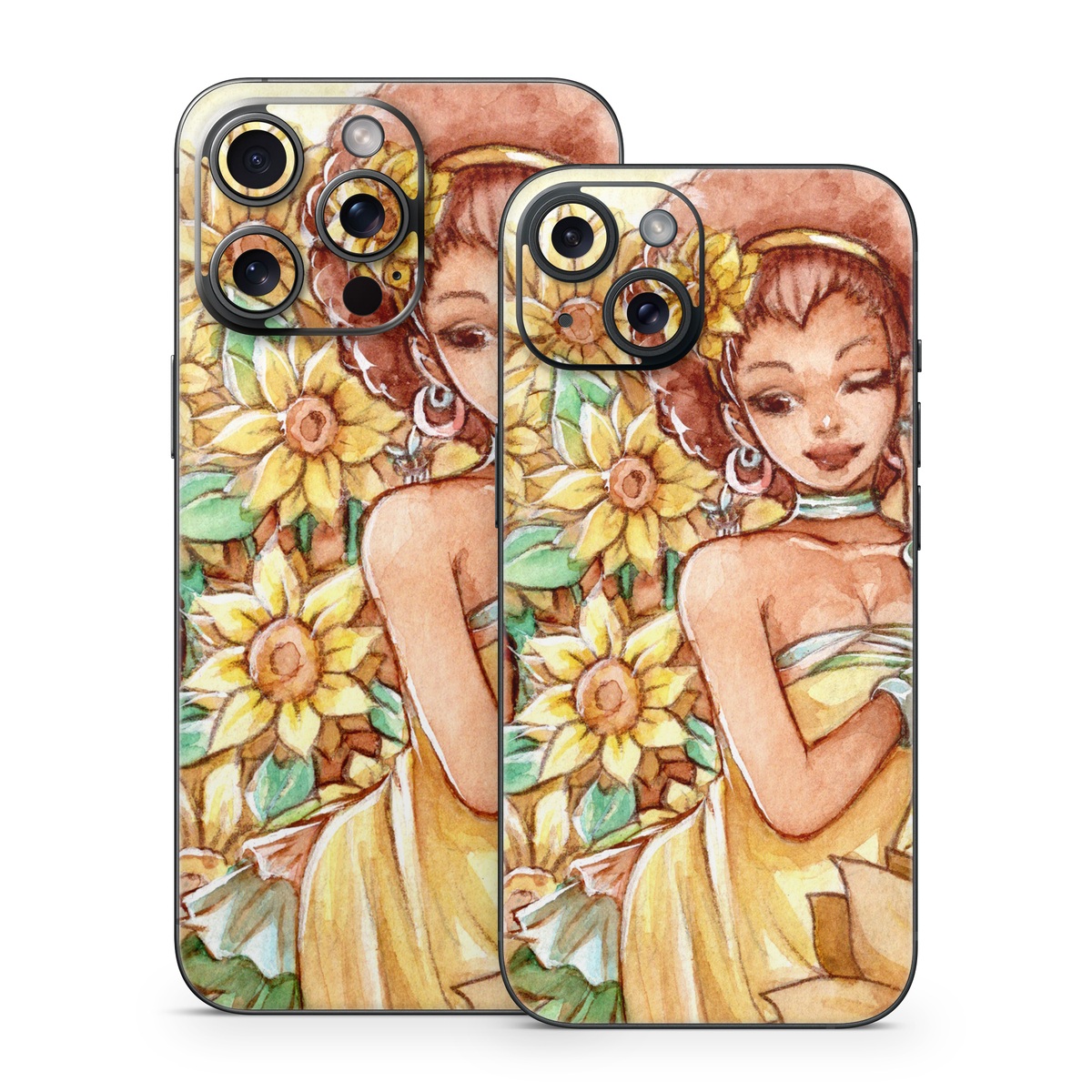 iPhone 15 Series Skin design of Painting, Illustration, Art, Fictional character, Plant, Flower, Clip art, with yellow, orange, brown, green colors