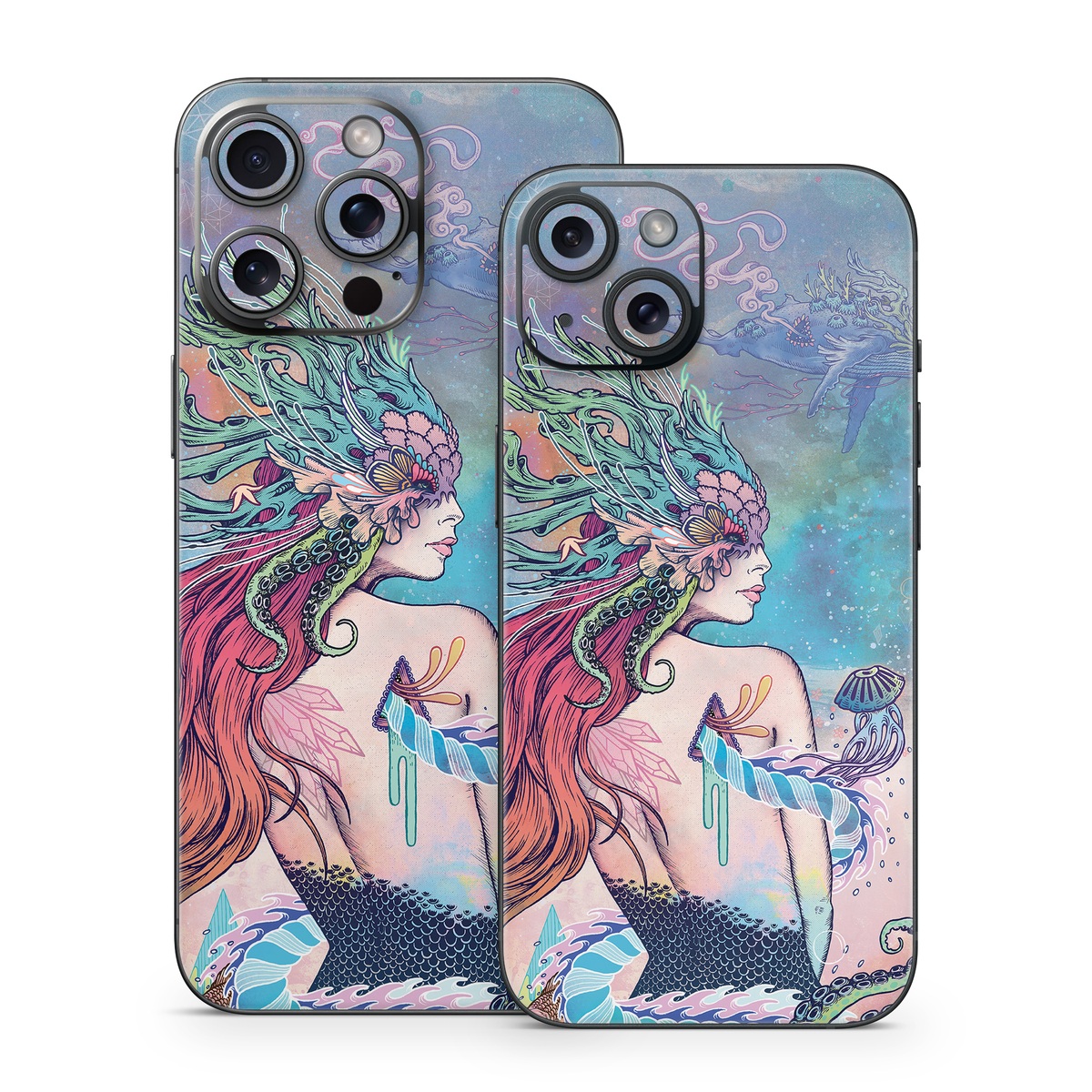iPhone 15 Series Skin design of Illustration, Fictional character, Art, Cg artwork, Fiction, Mythology, Painting, Mermaid, with blue, purple, green, red, yellow, pink colors