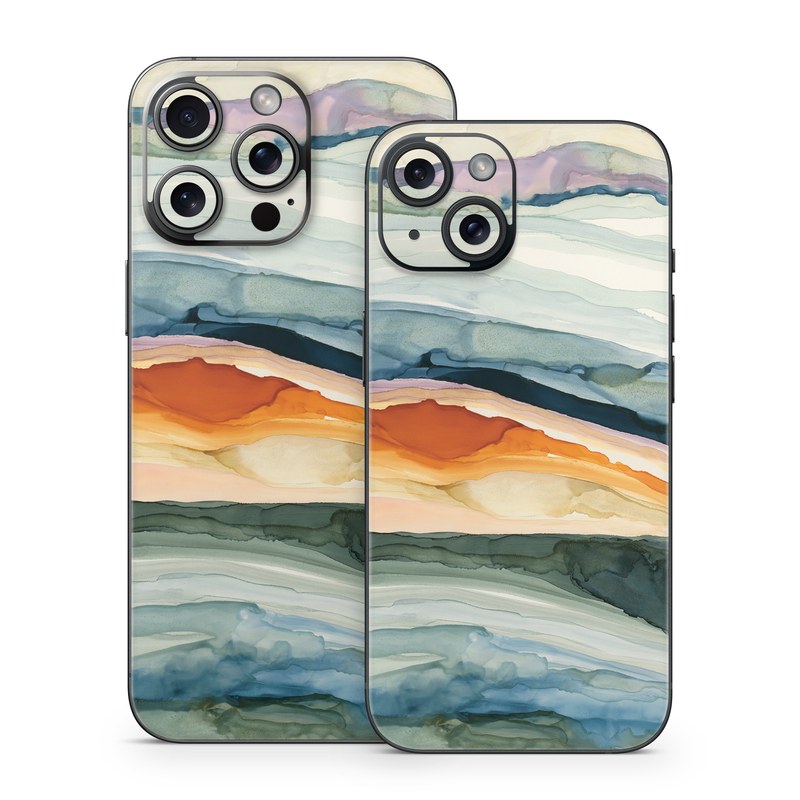 iPhone 15 Series Skin design of Watercolor paint, Painting, Sky, Wave, Geology, Landscape, Pattern, Acrylic paint, Cloud, Paint, with blue, purple, orange, yellow, red, green, brown colors