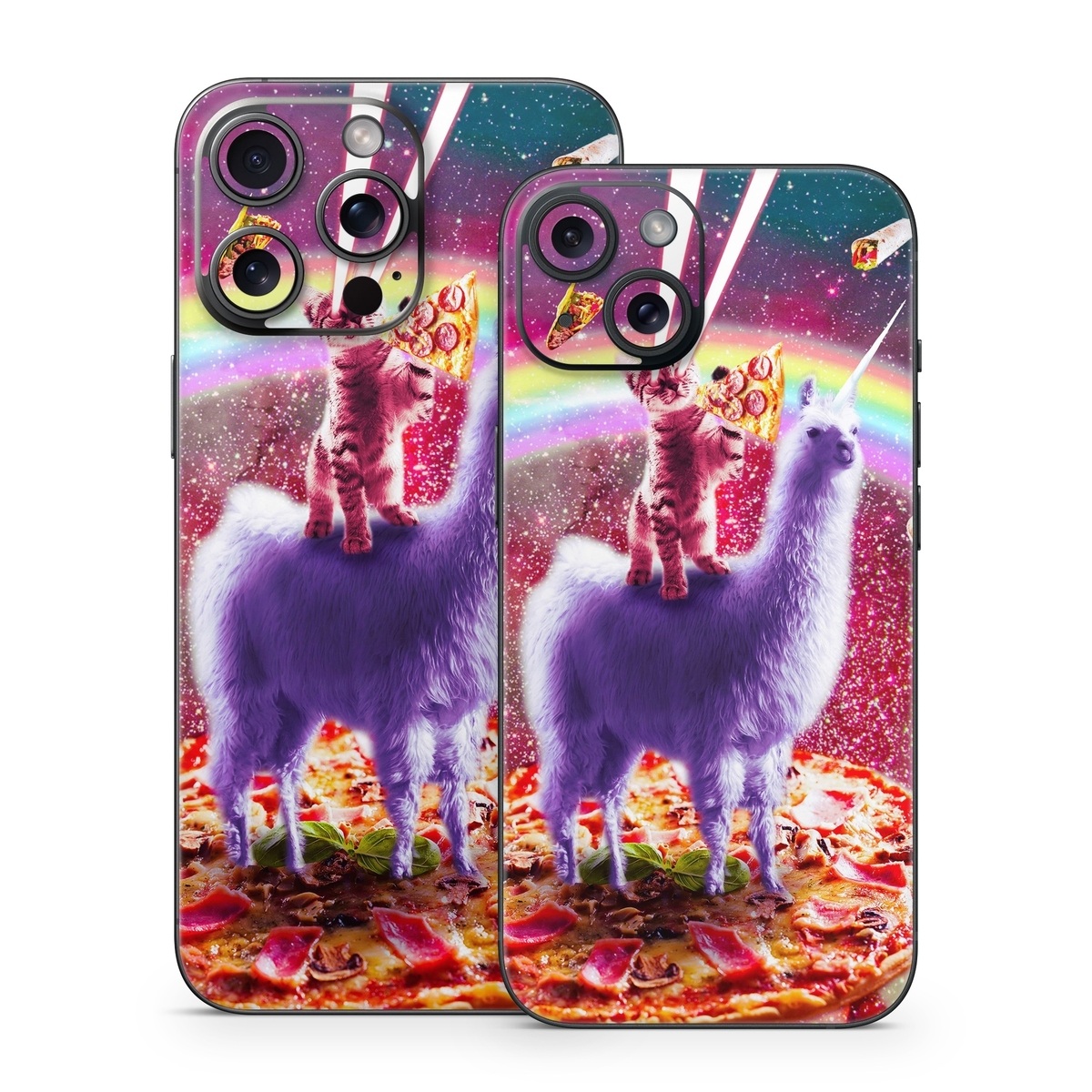 iPhone 15 Series Skin design of Llama, Unicorn, Fictional character, Illustration, Graphic design, Livestock, Camelid, Mythical creature, Graphics, Art, with red, white, yellow, gray, purple, blue, green colors