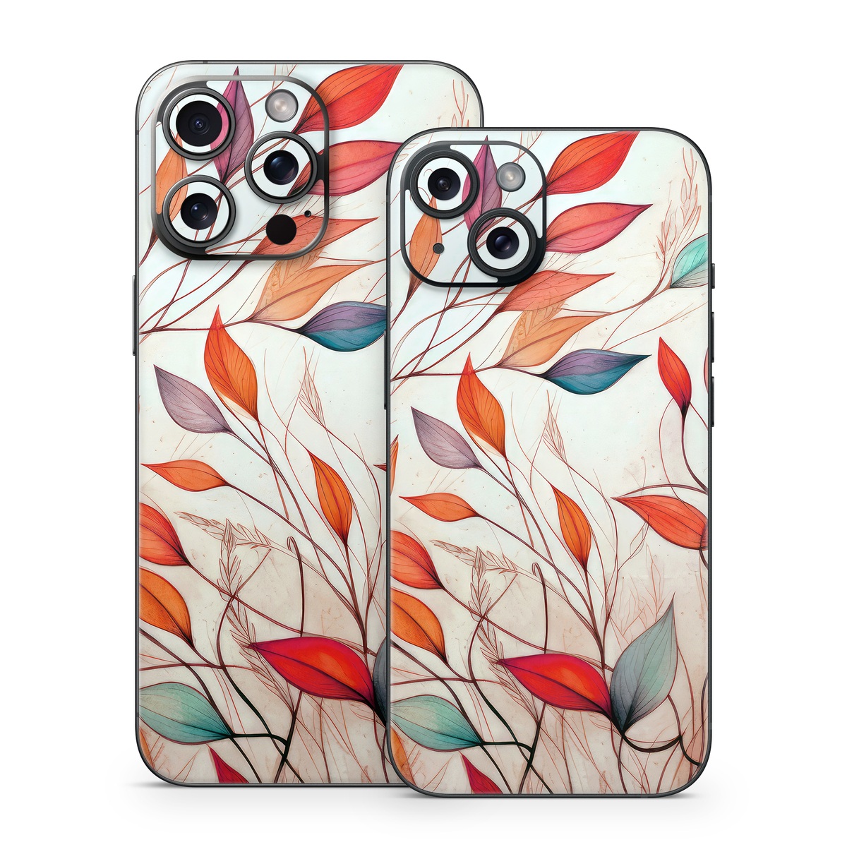iPhone 15 Series Skin design of Plant, Vertebrate, Art paint, Nature, Botany, Leaf, Branch, Twig, Textile, Orange, with yellow, orange, red, white, brown, blue colors