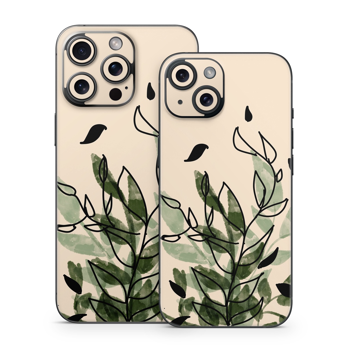 iPhone 15 Series Skin design of Leaf, Plant, Botany, Branch, Flower, Plant Stem, Pedicel, Twig, Illustration, with green, black, brown colors